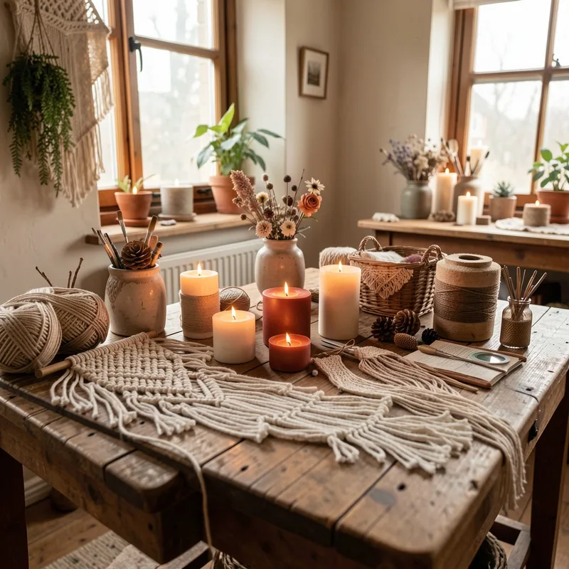Table d'atelier avec pelotes de fil, bougies coulées à la main, pots de peinture et outils de loisirs créatifs